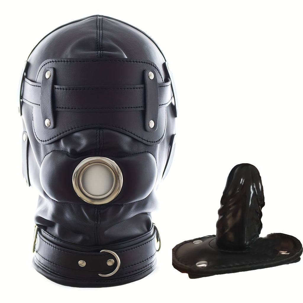 หน้ากากสวมหัว BDSM หนังสีดำพร้อมที่ปิดตาแบบถอดได้และที่อุดปากรูปอวัยวะเพศชาย - ของเล่นทางเพศสำหรับผู้ใหญ่ อุปกรณ์พันธนาการ SM ของขวัญวันวาเลนไทน์