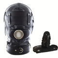 หน้ากากสวมหัว BDSM หนังสีดำพร้อมที่ปิดตาแบบถอดได้และที่อุดปากรูปอวัยวะเพศชาย - ของเล่นทางเพศสำหรับผู้ใหญ่ อุปกรณ์พันธนาการ SM ของขวัญวันวาเลนไทน์