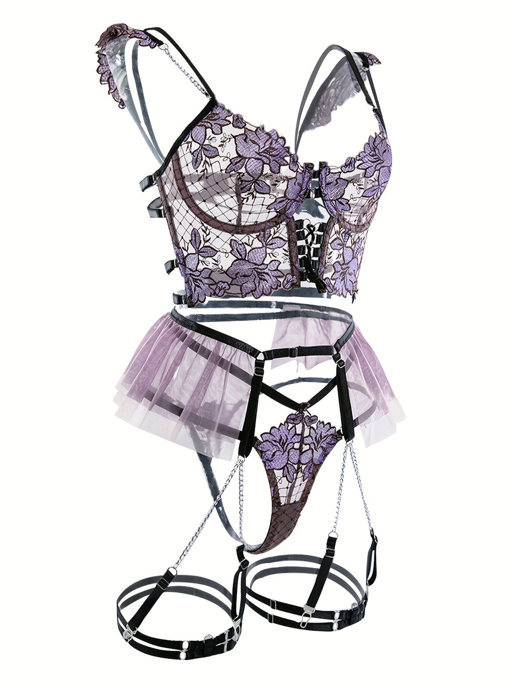 Women's Seductive Sheer Gauze Fishnet Lingerie Set with Floral Embroidery - V Neck Open Back Off The Shoulder Comfortable Bra with Underwire & Thong & Waistband with Chain Garter Belt - Perfect for Uniform Temptation