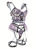 Women's Seductive Sheer Gauze Fishnet Lingerie Set with Floral Embroidery - V Neck Open Back Off The Shoulder Comfortable Bra with Underwire & Thong & Waistband with Chain Garter Belt - Perfect for Uniform Temptation