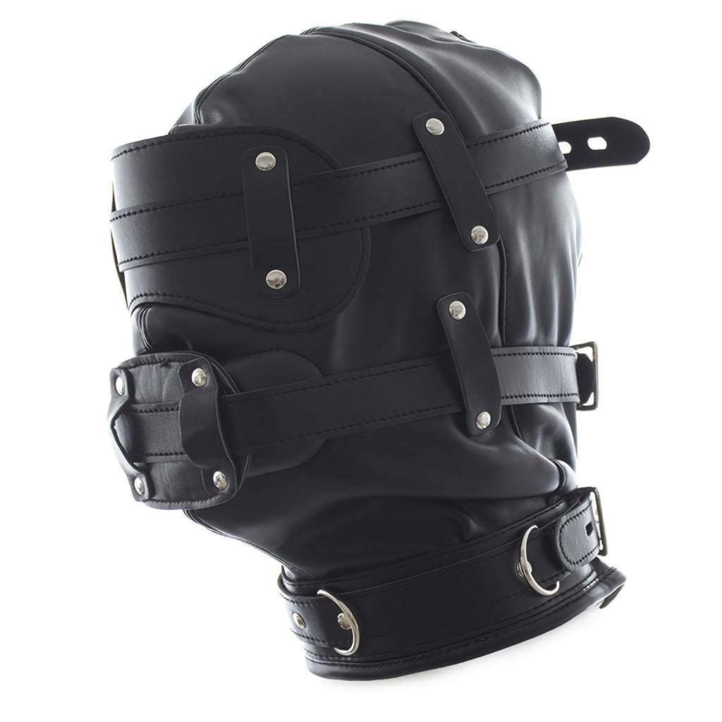 หน้ากากสวมหัว BDSM หนังสีดำพร้อมที่ปิดตาแบบถอดได้และที่อุดปากรูปอวัยวะเพศชาย - ของเล่นทางเพศสำหรับผู้ใหญ่ อุปกรณ์พันธนาการ SM ของขวัญวันวาเลนไทน์