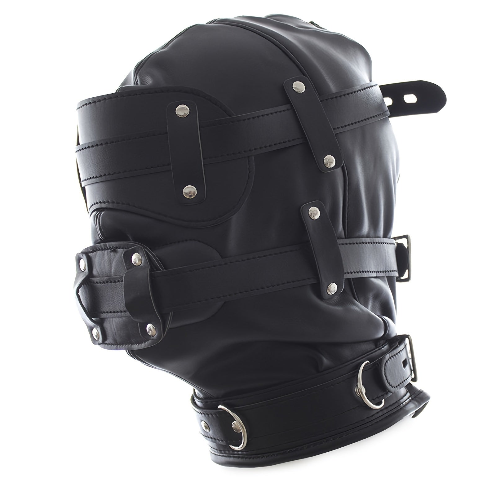 หน้ากากสวมหัว BDSM หนังสีดำพร้อมที่ปิดตาแบบถอดได้และที่อุดปากรูปอวัยวะเพศชาย - ของเล่นทางเพศสำหรับผู้ใหญ่ อุปกรณ์พันธนาการ SM ของขวัญวันวาเลนไทน์