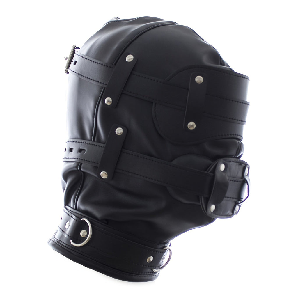 หน้ากากสวมหัว BDSM หนังสีดำพร้อมที่ปิดตาแบบถอดได้และที่อุดปากรูปอวัยวะเพศชาย - ของเล่นทางเพศสำหรับผู้ใหญ่ อุปกรณ์พันธนาการ SM ของขวัญวันวาเลนไทน์