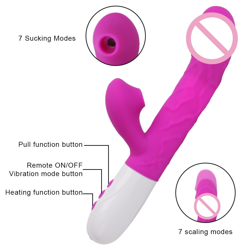 3 In 1 Heating Rabbit Vibrator Telescopic Rotating Dildo Clitoris Sucking Vagina G Spot Stimulate Vibrators Sex Toys for Women