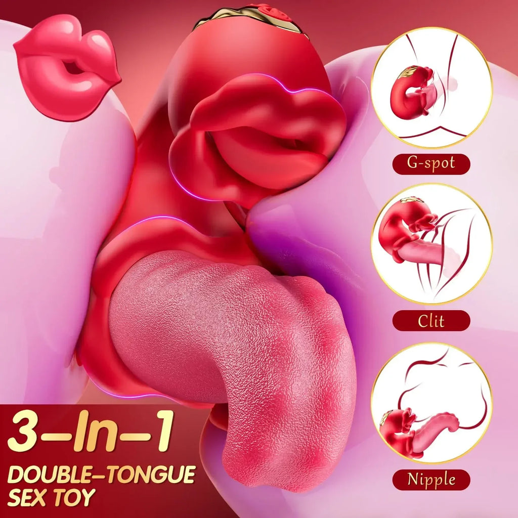 เครื่องสั่นลิ้น 4-in-1 แบบสวิงดัน เครื่องสั่นกระตุ้น G-spot และคลิตอริส รูปดอกกุหลาบ ของเล่นผู้ใหญ่สำหรับผู้หญิงและคู่รัก