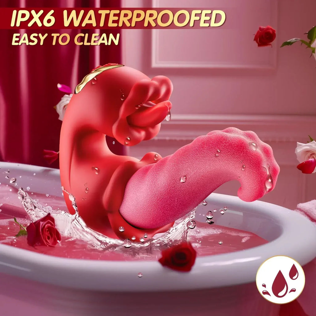 เครื่องสั่นลิ้น 4-in-1 แบบสวิงดัน เครื่องสั่นกระตุ้น G-spot และคลิตอริส รูปดอกกุหลาบ ของเล่นผู้ใหญ่สำหรับผู้หญิงและคู่รัก