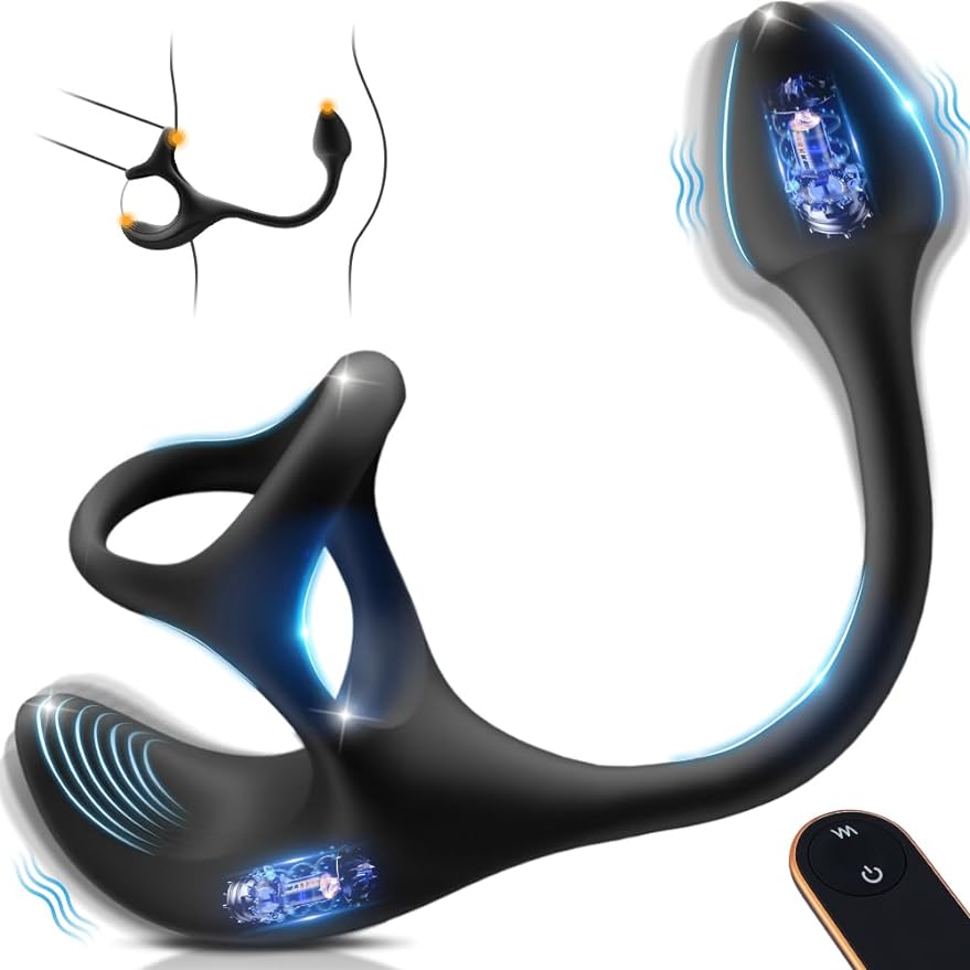 Vibrating Cock Ring Anal Plug with Prostate Massager. 4 in1 Taint Stimulator Penis Ring Vibrator Couples Adult Sex Toys for Men. Remote Control Anal Butt Plug Vibrator for Male Sex Toy Couple