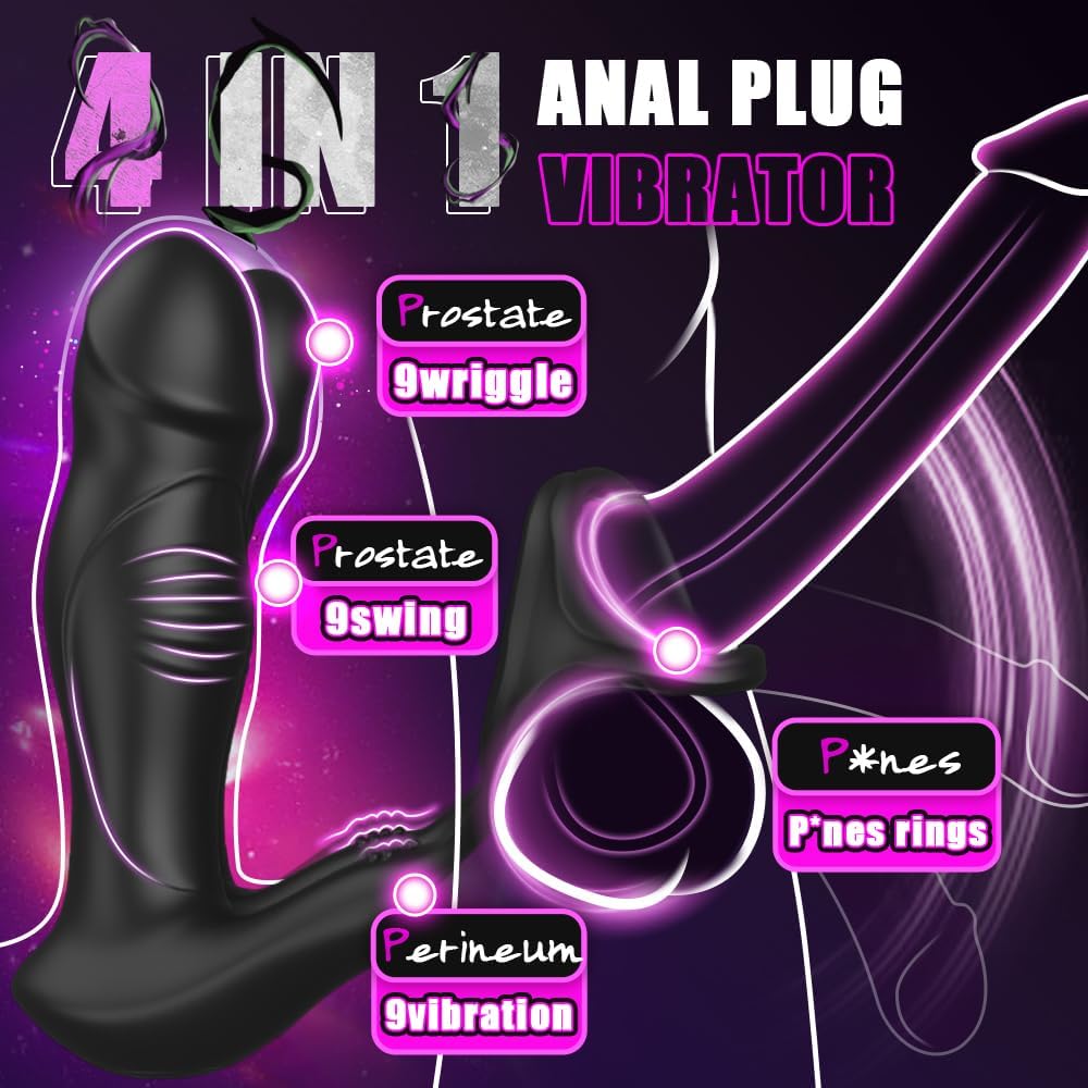 Wiggling Anal Vibrator Prostate Massager with Cock Ring. 9 Swing Thrusting & Vibrating Remote Control Anal Plug Dildo Shaped. Adult Male Sex Toys for Beginner&Advanced Player Gay Toy for Men Couples
