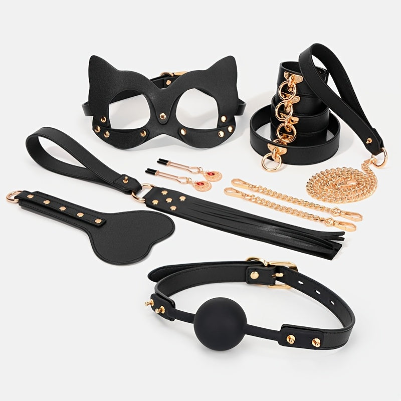8pcs Leather Cat Ear Mask Set. Sexy Nipple Clip. Wrist Handcuffs. Collar. Drawstring. Edge Whip. Mouth Ball. Love Game Accessories. Sex Toys. Perfect Holiday Gift
