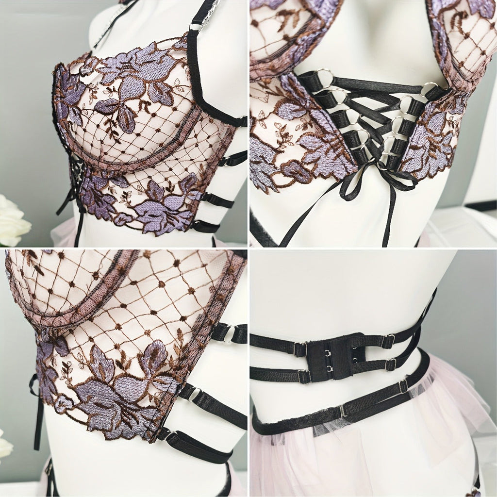Women's Seductive Sheer Gauze Fishnet Lingerie Set with Floral Embroidery - V Neck Open Back Off The Shoulder Comfortable Bra with Underwire & Thong & Waistband with Chain Garter Belt - Perfect for Uniform Temptation