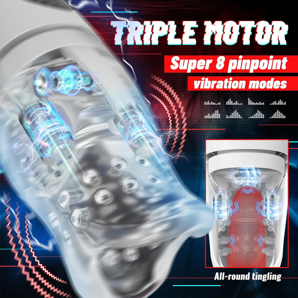 Triple Motor Automatic Male Masturbator Cup Oral Male Sex Toy. 5 Biting & 8 Vibrating Penis Stroker. Blowjob Glans Vibrator with Realistic Throat Structure Adult Sex Toys Pocket Pussy for Men Pleasure