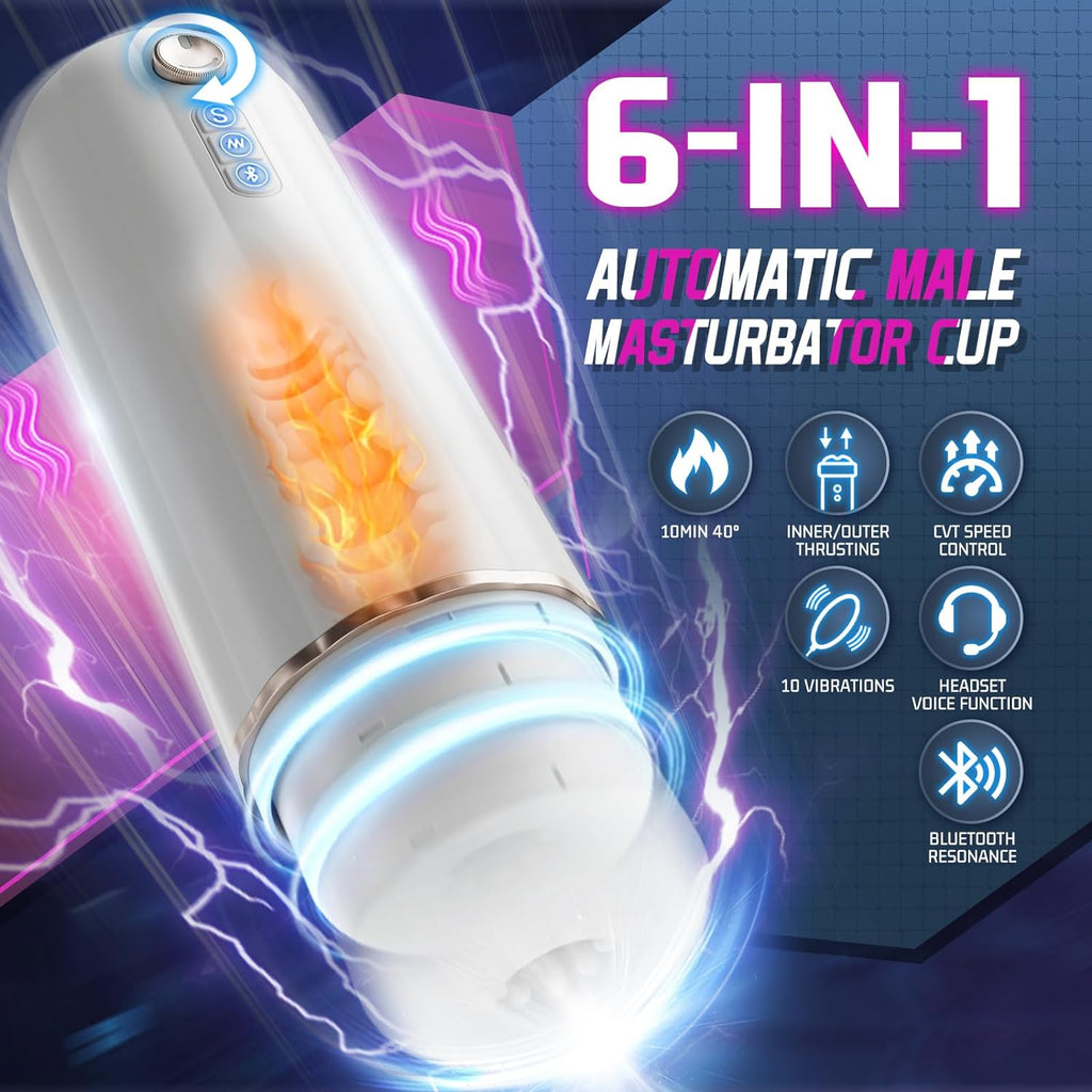 6 in 1 Automatic Male Masturbator. Male Masturbator Toy with CVT Thrusting & 10 Vibrating. Bluetooth Control Electric Pocket Pussy Stroker with Heating. Sex Toys for Men Masturbation with Headphones