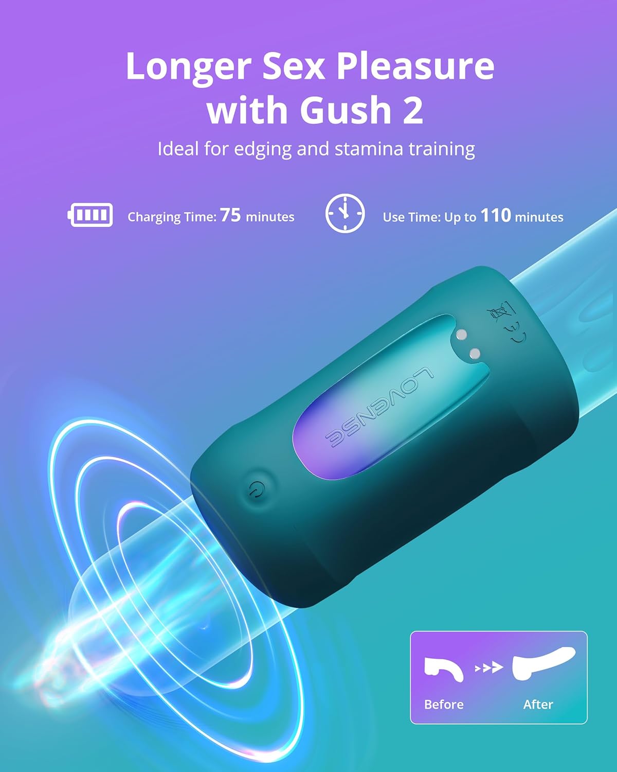 LOVENSE Gush 2 Automatic Male Masturbator Stroker. Vibrating & Oscillating Adult Sex Toys & Games with Endurance Training App Remote Control Penis Vibrator Massager Cock Ring. with Adjustable Buckles