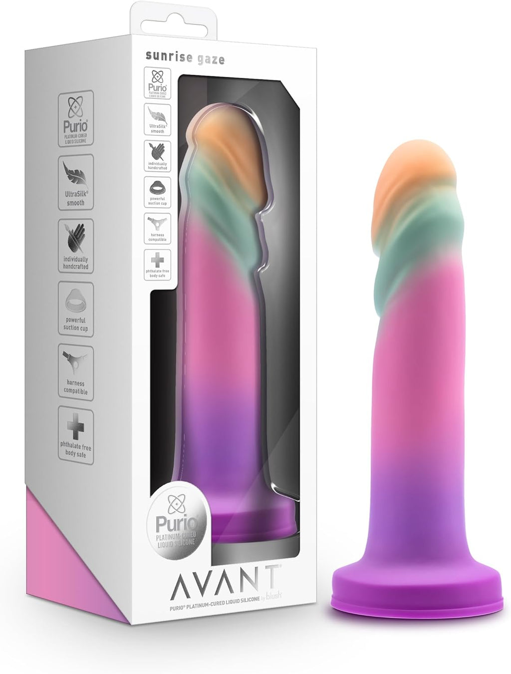 Blush Avant Sunrise Gaze Dildo ขนาด 7.5 นิ้ว – ผลิตด้วยมือจาก Purio® Liquid Silicone หุ้มด้วย UltraSilk® ผิวเรียบลื่นเหมือนผ้าซาติน – ฐานดูดสุญญากาศและใช้กับสายรัดได้ – Sherbet