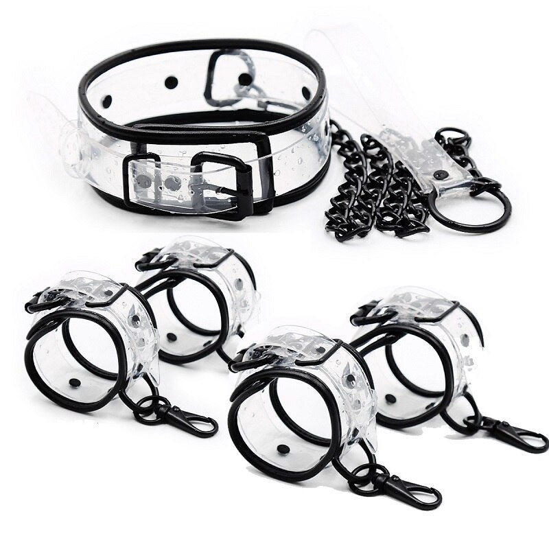 กุญแจมือข้อเท้าปกคอโซ่พันธนาการ BDSM แบบปรับได้โปร่งใส PVC ของเล่นทางเพศสำหรับคู่รัก