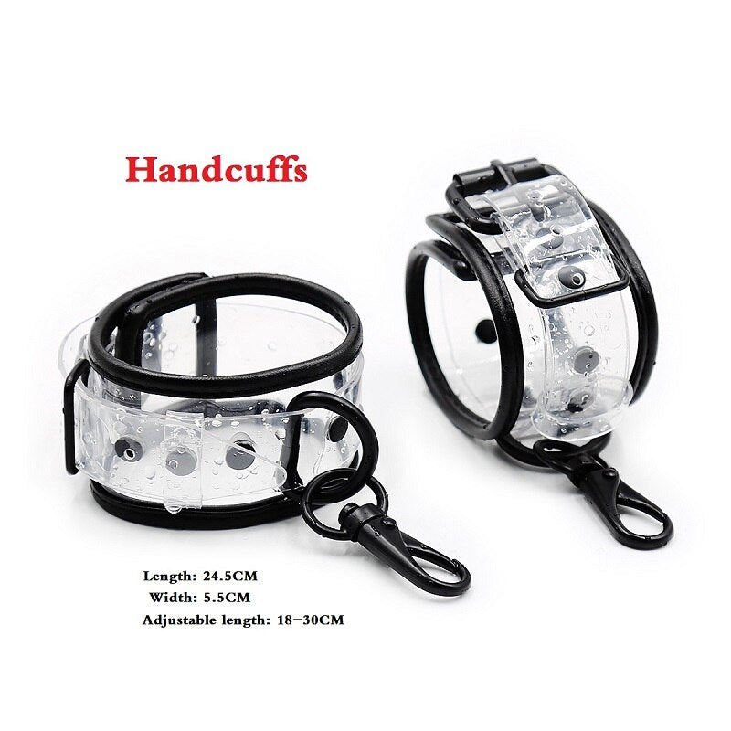 กุญแจมือข้อเท้าปกคอโซ่พันธนาการ BDSM แบบปรับได้โปร่งใส PVC ของเล่นทางเพศสำหรับคู่รัก