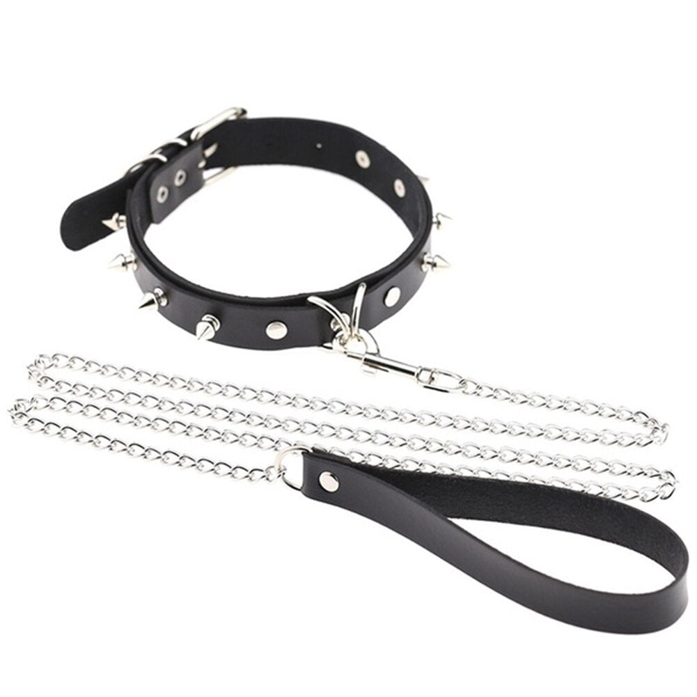 Adults Sexy Toy Erotic Faux Leather BDSM Choker Rivet Neck Collar Traction Rope Bondage Restraint Sex Toys for Couple Game