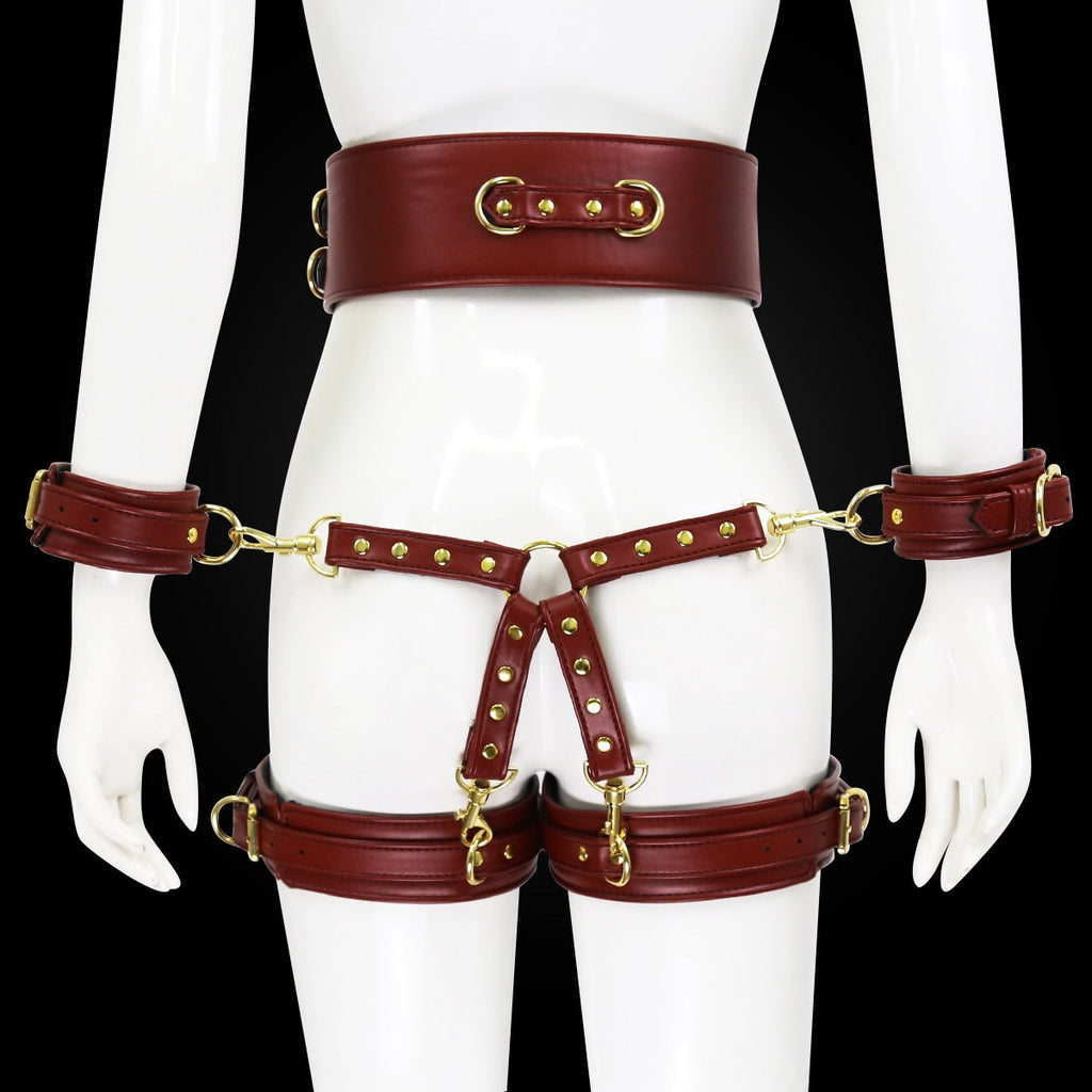 BDSM Sex Toy PU Leather Bondage Set Include Handcuffs.Belt. Legcuffs. Center Connection. Adult Toys Sex Bondage Toys for Women