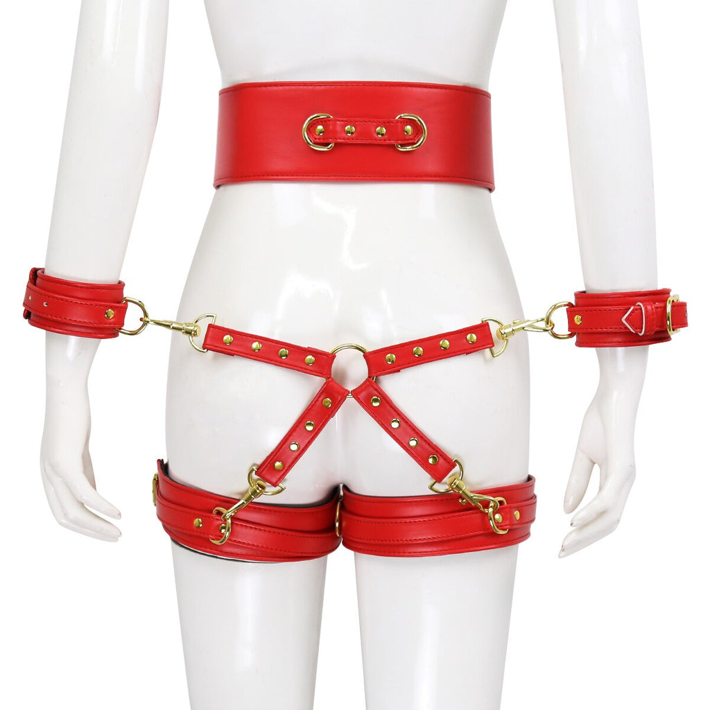 BDSM Sex Toy PU Leather Bondage Set Include Handcuffs.Belt. Legcuffs. Center Connection. Adult Toys Sex Bondage Toys for Women