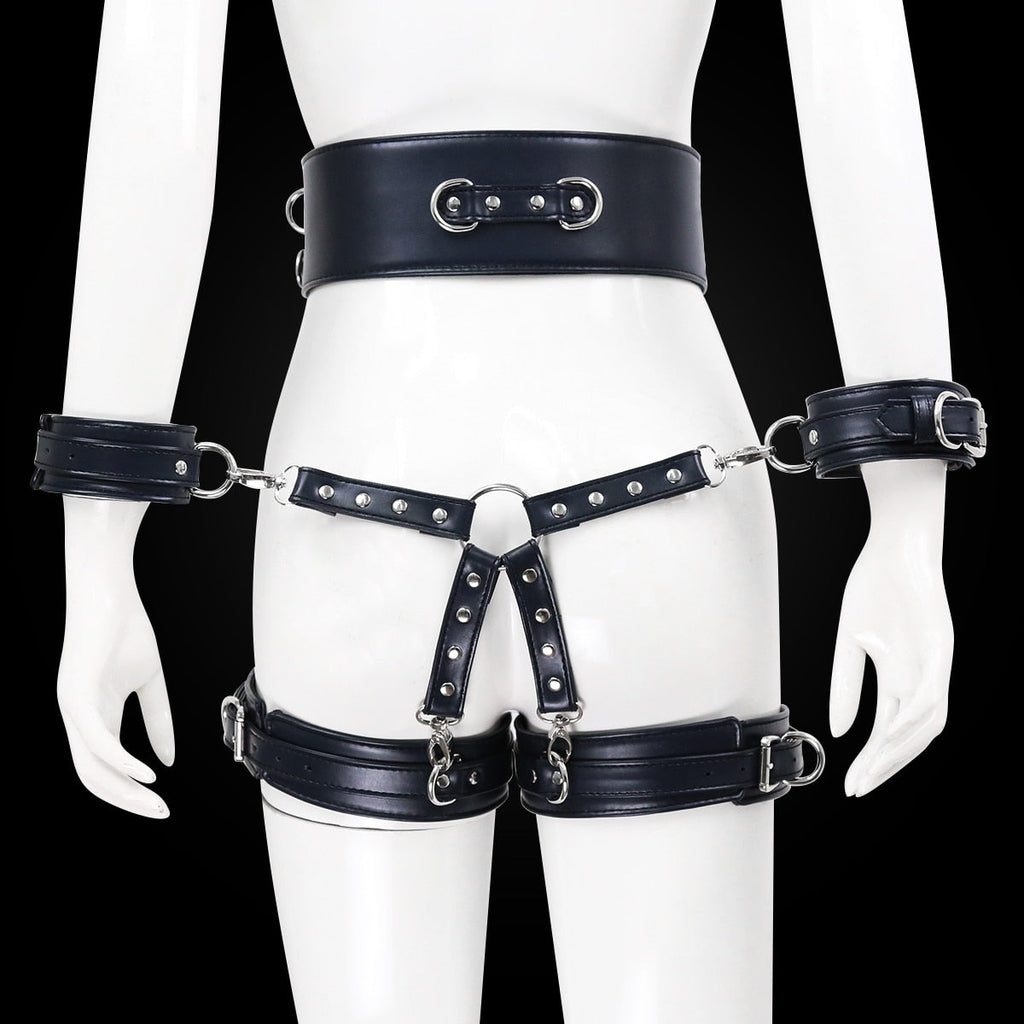 BDSM Sex Toy PU Leather Bondage Set Include Handcuffs.Belt. Legcuffs. Center Connection. Adult Toys Sex Bondage Toys for Women