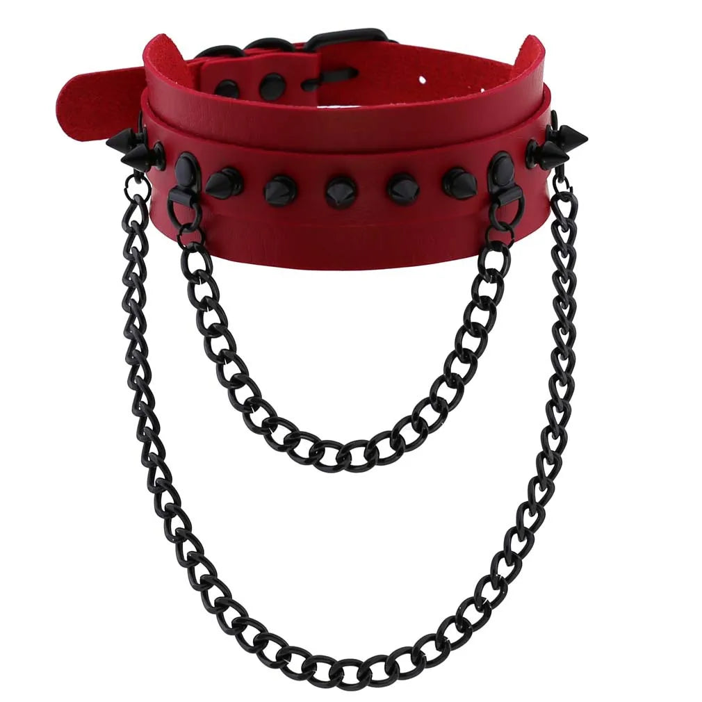 BDSM Punk Black Metal Tassel Red Choker Necklace Sexy Spiked Neck Strap Clavicle Collar Men Necklaces Halloween Women