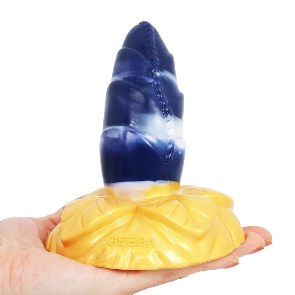 FAAK Large Base Butt Plug Blue and Gold Bud Shape Ribbed Anal Sex Toys with Suction Cup Adult Erotic Products Couple Flirting