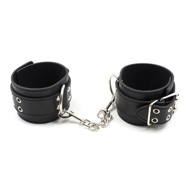 Male Female Black PU Leather Neck Collar Handcuffs Ankle Cuffs Wrist Chain Slave Bondage BDSM Fetish Restraints Kit Sex Toys