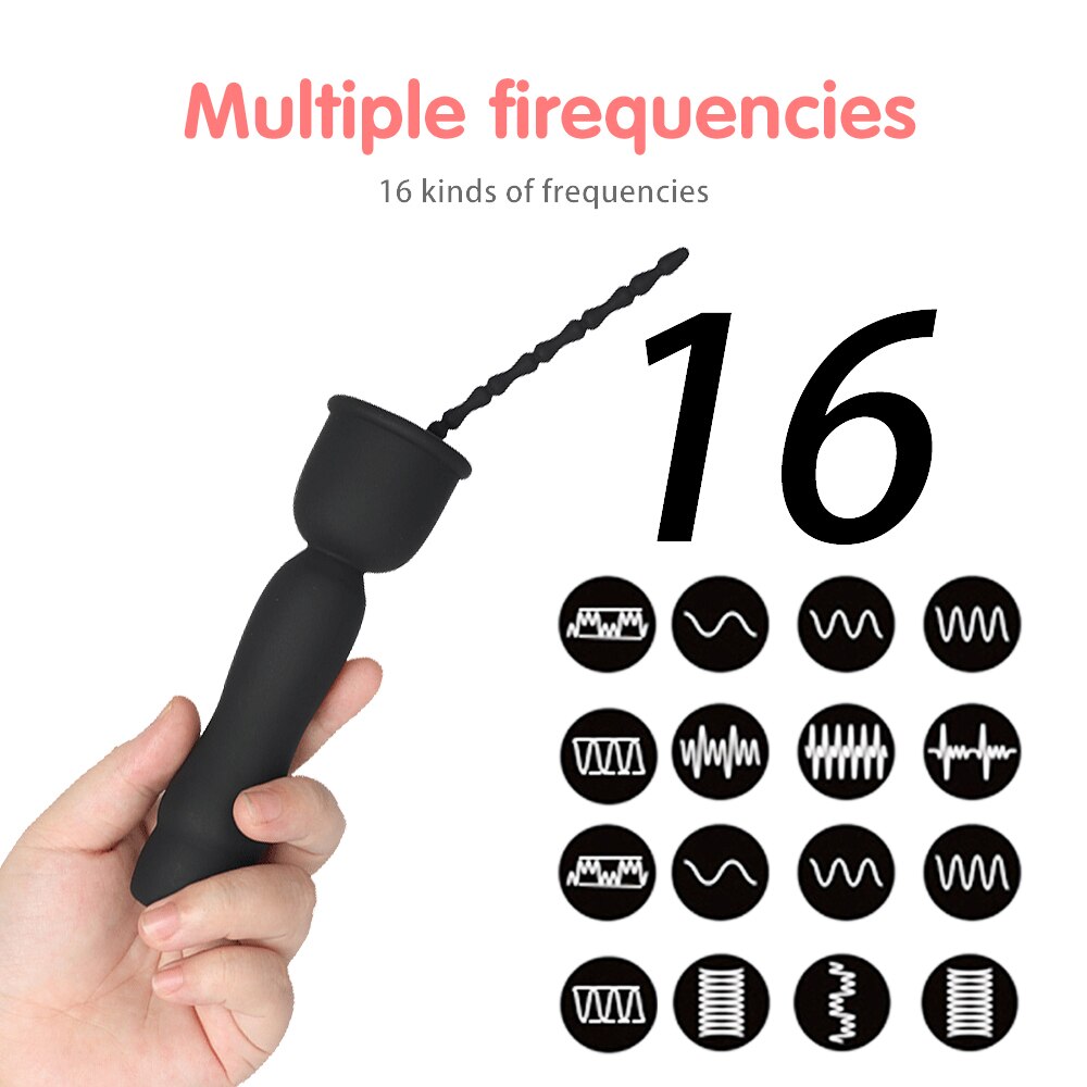 Mushroom Head 16-frequency Vibration Urethral Stick Rechargeable Massage Male Silicone Penis Time-lapse Training Exercise Black