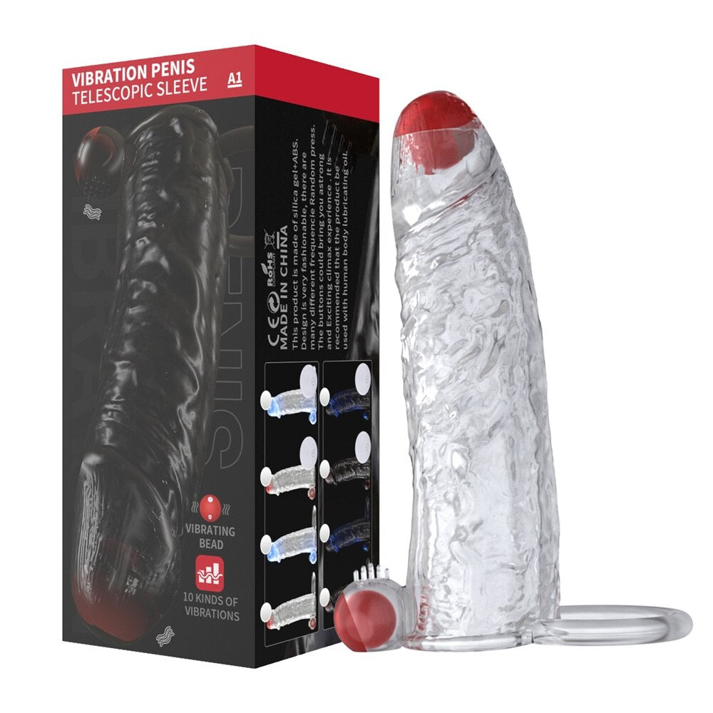 Penis Vibrator Extender Sleeve Delay Ejaculation Reusable ถุงยางอนามัยขยาย Cock แหวนของเล่นสำหรับผู้ใหญ่สำหรับผู้ใหญ่ Dick Enlarger
