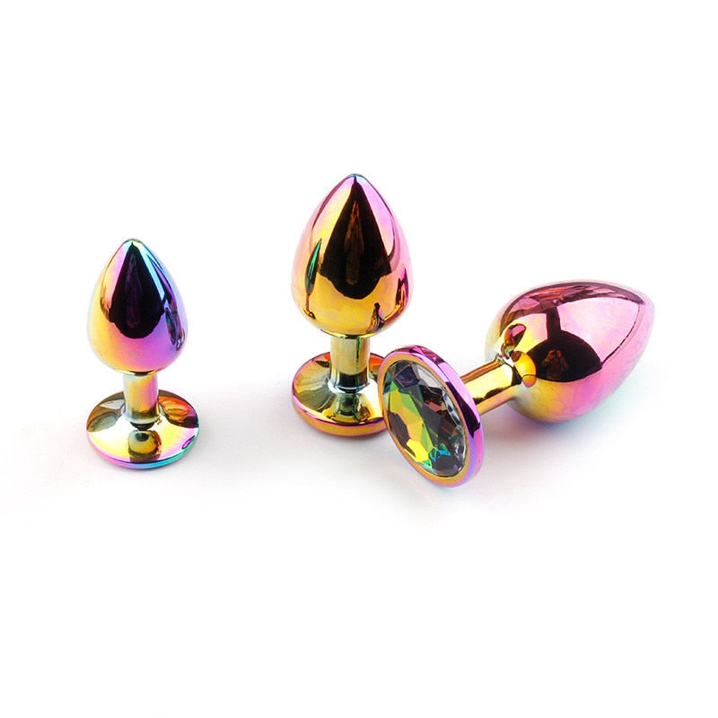 Rose Gold Rainbow Heart Shape Crystal Metal Anal Beads Butt Plug Jewelry Ass Small Medium Size Set Sex Toy for Female Male M-21