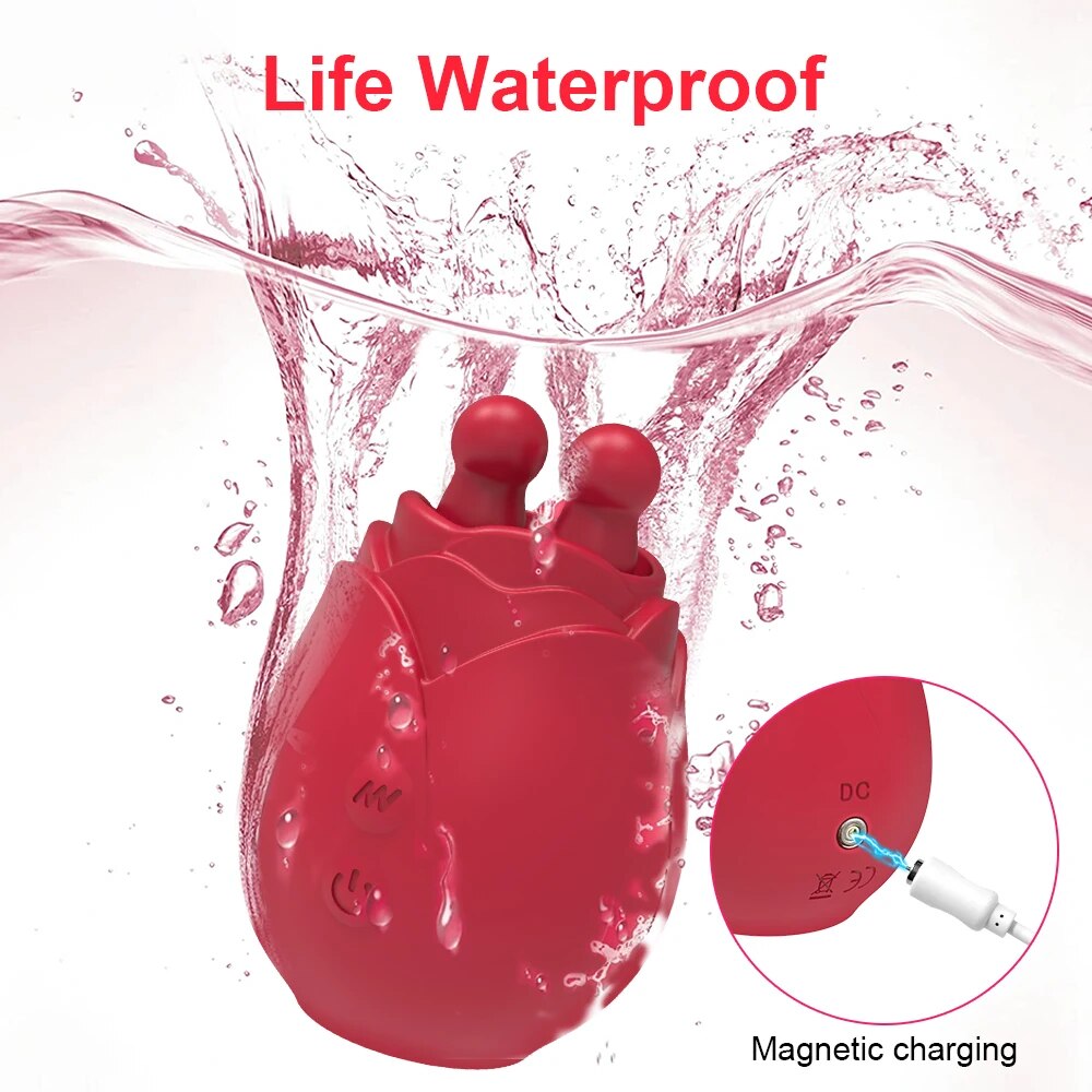 ไวเบรเตอร์รูปดอกกุหลาบสำหรับผู้หญิงพร้อมลิ้นเลีย 10 โหมด อุปกรณ์กระตุ้นหัวนมและคลิทอริส ของเล่นทางเพศสำหรับผู้ใหญ่หญิง
