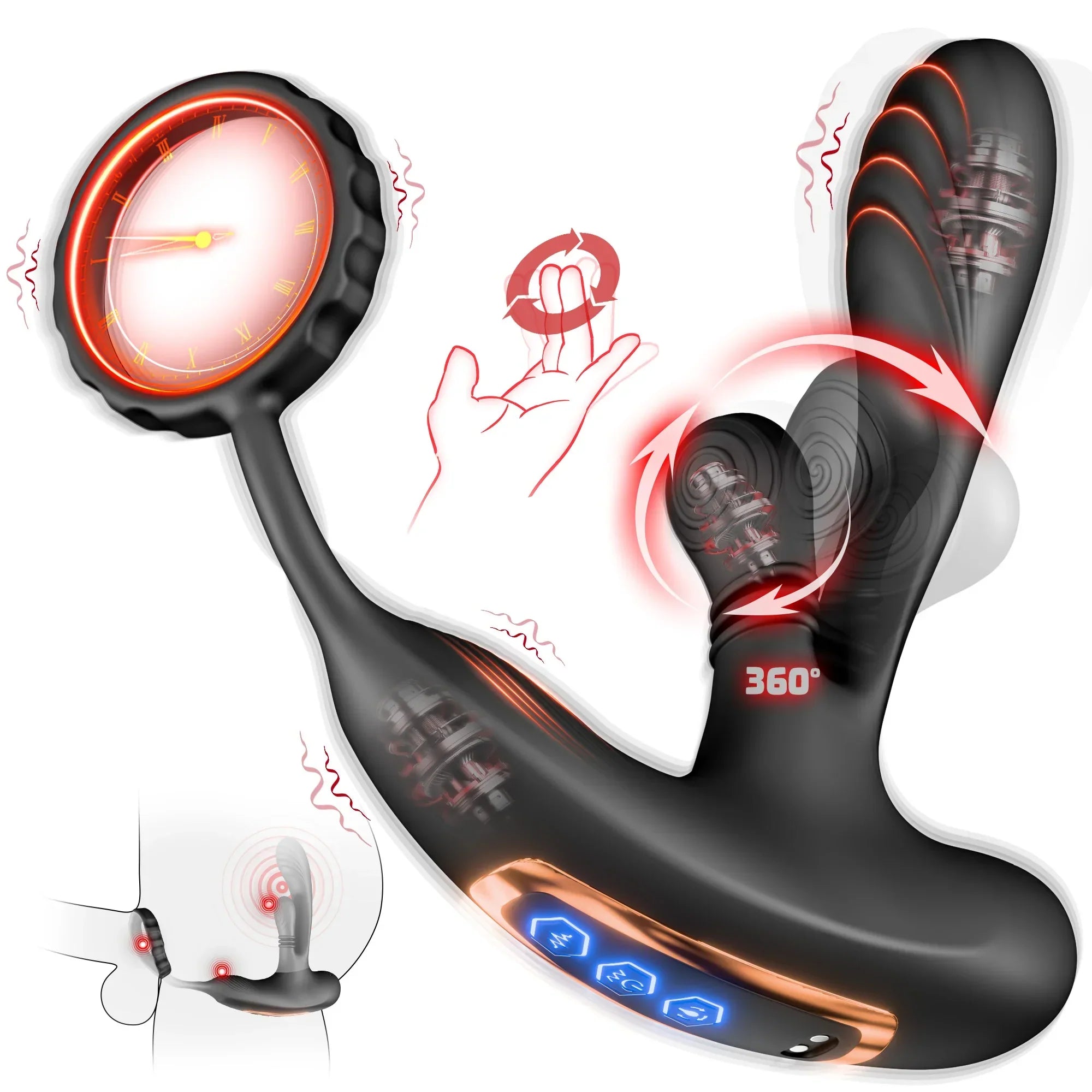 3 in 1 เครื่องนวดต่อมลูกหมากแบบหมุนวน 360° สำหรับผู้ชายพร้อมแหวนรัดโคนอวัยวะเพศ ปลั๊กบั้นท้าย อุปกรณ์ช่วยกระตุ้นความรู้สึกรูปตัว L ของเล่นผู้ใหญ่สำหรับผู้ชาย 18+