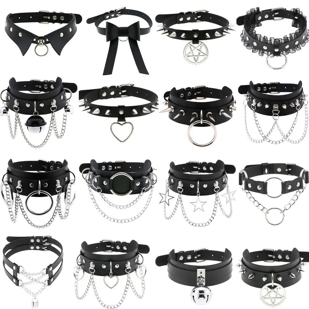 สร้อยคอโชกเกอร์ BDSM สไตล์พังค์สำหรับผู้ชาย สร้อยคอหนังสังเคราะห์โกธิค โซ่คาดตัวสำหรับผู้หญิง
