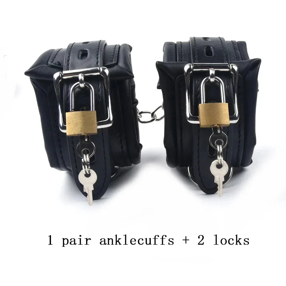 4Pcs Bondage Set Black Leather Sponge Handcuffs For Sex Anklecuffs +Handcuffs+Collar+ mask+5 Lock Sex Toys for Adult Games