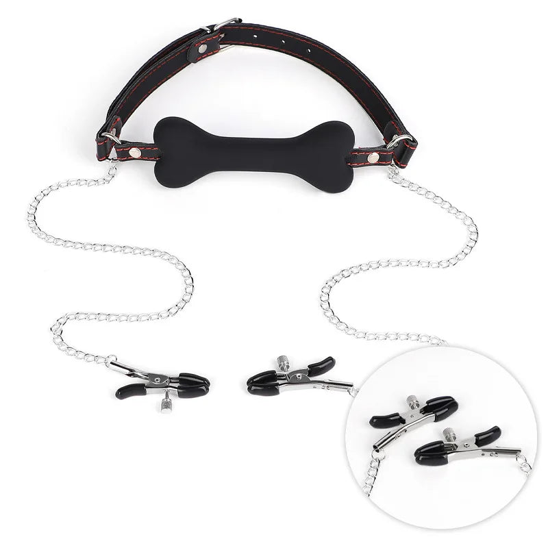 SM Sexy Leather Mouth Plug and Nipple Clamps. Silicone Dog Bone for BDSM. SM Bondage Game for Couples Enhance Sex Pleasure