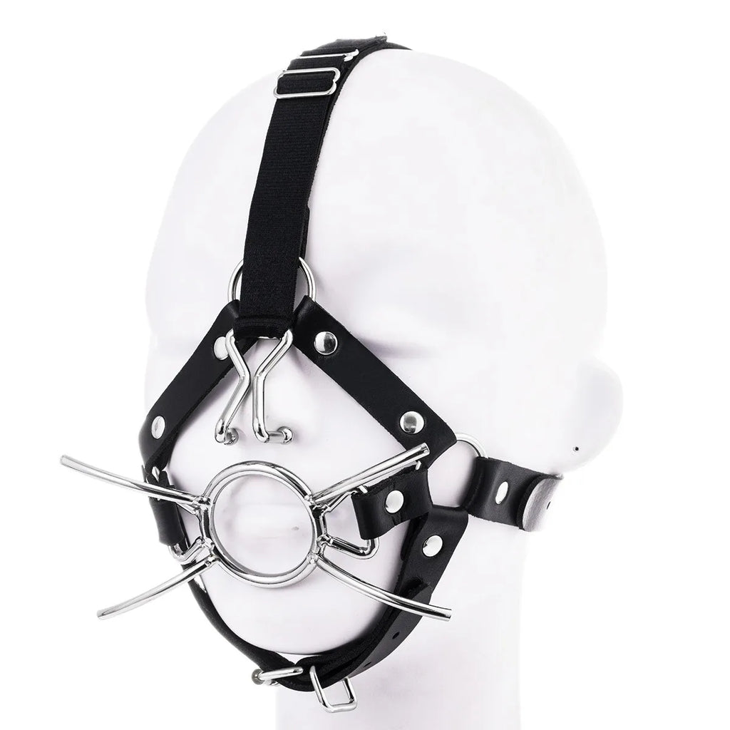 Adult Leather Head Bondage Harness Hood Mask with Metal Restraint Nose Hook Erotic Gadget for Couple BDSM Interactive Sex Toys