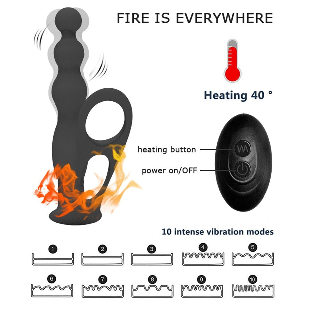 Silicone Anal Butt Plug  Pull Beads with Cock Ring Prostate Massager Anal Balls Vibration Heating  Erotic Anal Sex Toy for Adult