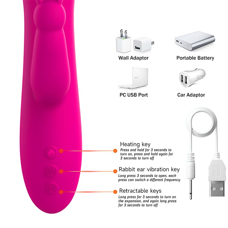 Telescopic กระต่ายสั่นความร้อนหมุน G Spot Dildo Vibrator Anal Clit Stimulator หญิง Masturbation เซ็กซ์ทอยสำหรับผู้หญิง