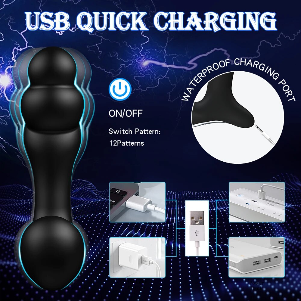 Vibrating Prostate Massager Anal การฝึกอบรม Butt ปลั๊ก12โหมดการสั่นสะเทือน G-Spot Vibrator Anal ลูกปัดกระตุ้นอุปกรณ์